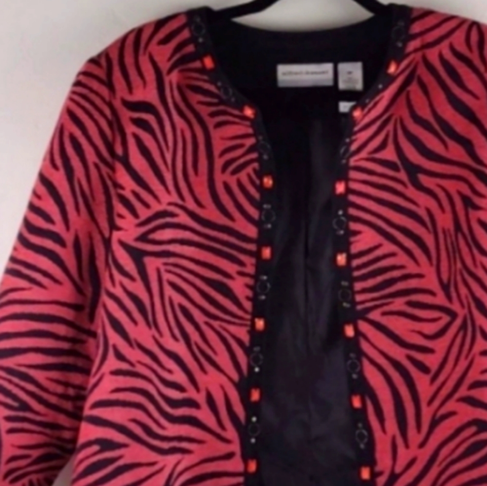 Alfred Dunner Pink & Black Zebra Print Open Front High Design Blazer